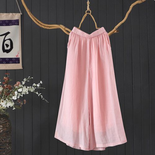 清爽飘逸纯色100支细q苎麻长裤夏季新品宽松文艺凉爽阔腿裤裙裤女