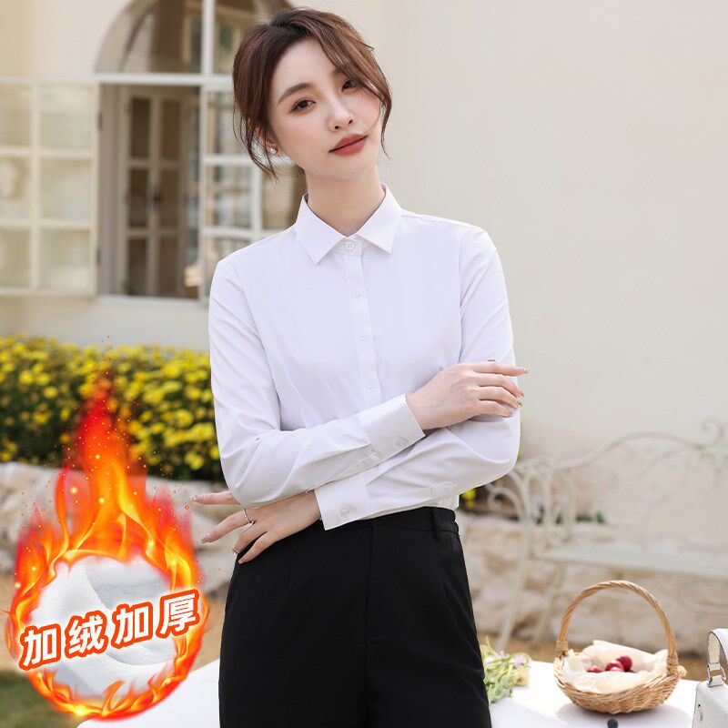 加绒加厚白衬衫i女长袖销售工作服冬装一体绒保暖白寸衬衣职业正