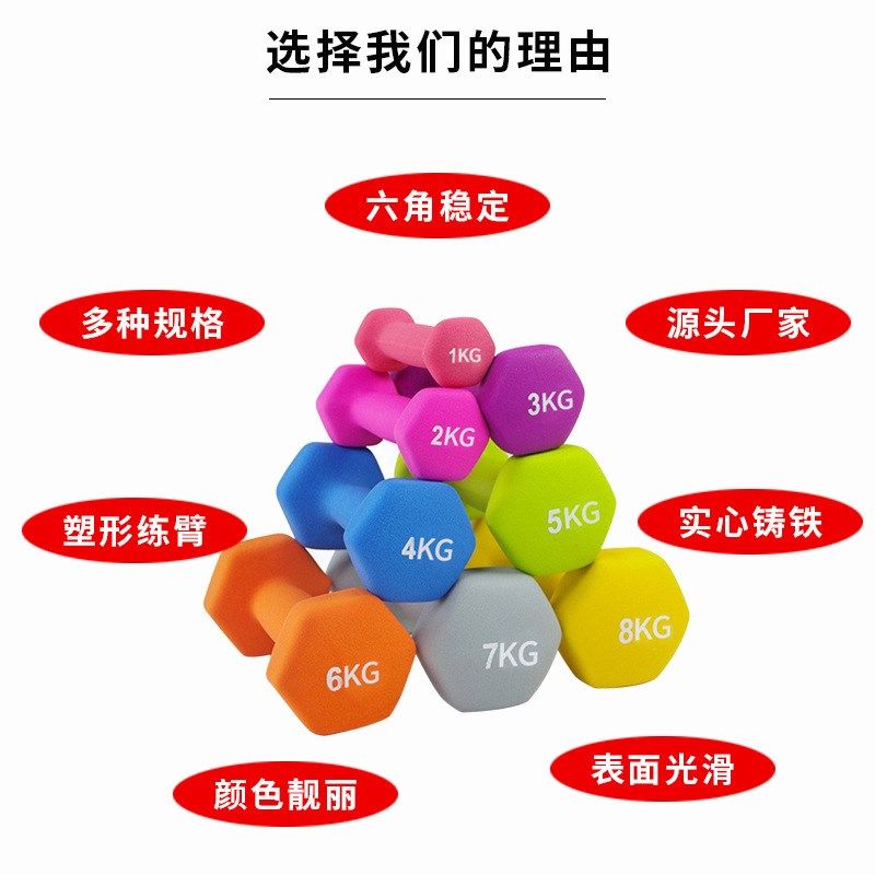 哑铃六角浸塑哑铃女式家用锻炼瑜伽跳操小哑铃健身塑形铸铁哑铃