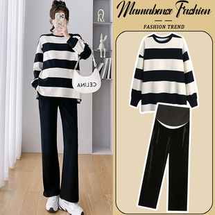 春秋款 孕妇套装 子两件套2024新款 洋气时髦黑色条纹上衣卫衣裤 时尚