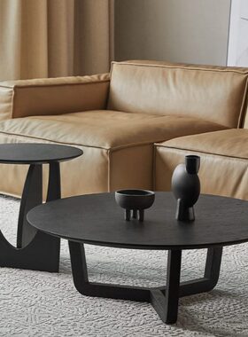 梵也家具圆形茶几组合实木高低沙发边几黑色意式极简客厅茶桌圆桌
