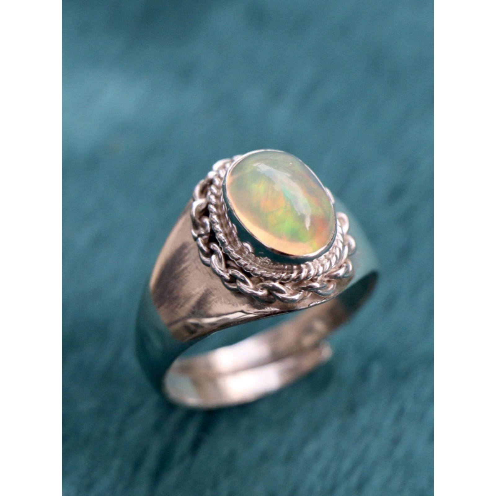 尼泊尔手工饰品银欧珀欧泊石戒指开口简约覆古创意个性藏式民族风