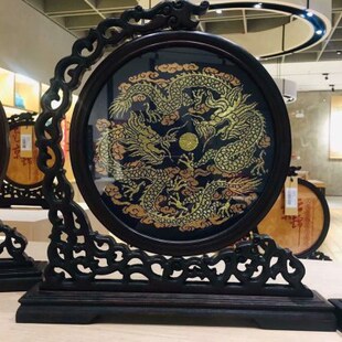 花梨木龙头架出国礼品 南京云锦研究所吉祥云 蓝底双龙戏珠小屏风