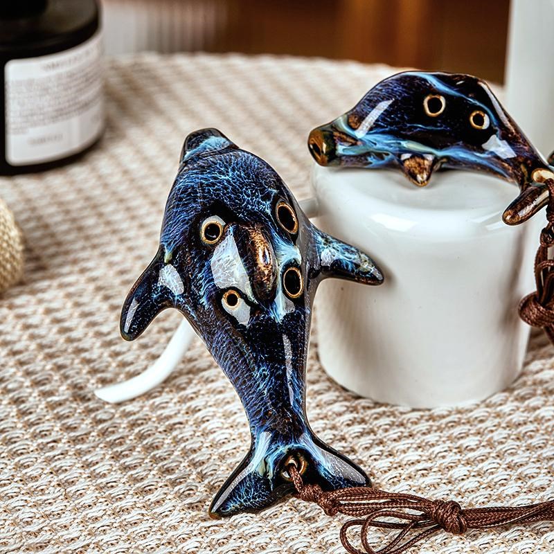 窑变陶笛笛子大海豚陶笛 6孔B陶笛笛子窑变彩釉陶笛简单小乐器