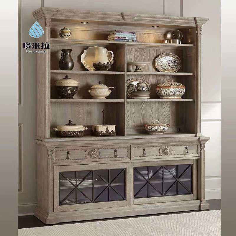 美式两门实木雕花餐边柜法式别墅多层书柜做旧书架展示柜客厅酒柜