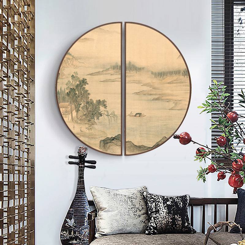 山栖谷隐新中式餐厅装饰画山水画禅意玄关挂画双半圆形工笔画壁画