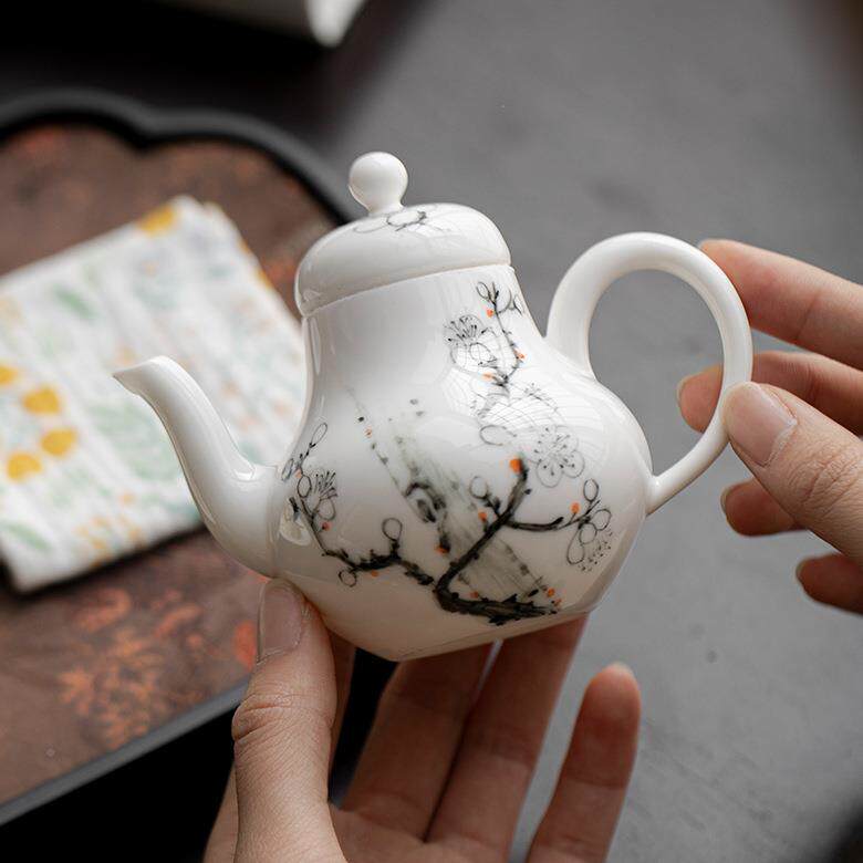 言玉泥白瓷绘梅手花茶壶纯手工陶瓷泡茶壶单壶带过滤弥玉泥—寒抓