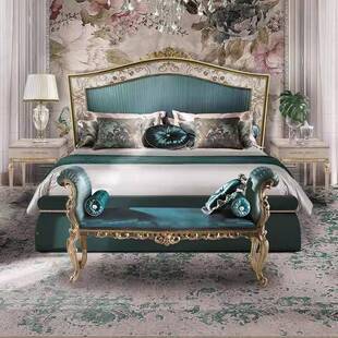 廷别墅主卧大床实公木拼花布艺 宫壳拼花双人床欧式 DSG 7856法贝式