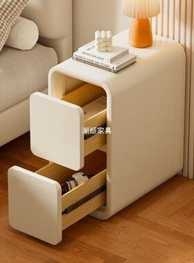 免小户型床头柜窄现代简小约型窄小安装轻奢窄边柜款奶SOV油风床