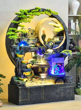 新中式假山泉流水幕墙客厅玄屏关风CFL鱼缸地加湿器景观装饰落喷