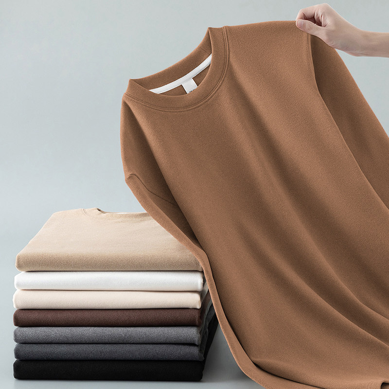 双面德绒t恤男士长袖秋冬季保暖内搭加绒加厚打底衫圆领秋衣纯色