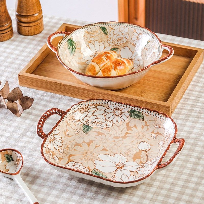 正方形双耳盘釉下彩陶瓷碗盘家用菜盘子意面碗烤箱微波炉防烫烤盘,餐饮具,盘,淘宝优惠券,粉丝福利购,淘宝优惠卷