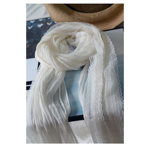 夏季细长窄小纯棉j围巾女 薄款褶皱蕾丝春秋轻薄装饰护颈透气纱巾