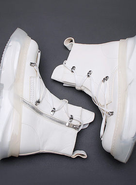 欧美风冬季潮鞋RO白色高帮w鞋男个性五芒星绑带马丁靴厚底增高短