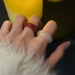 734天然冰透胖圆玛瑙玉髓食指戒指轮胎宽圈白月光红玛瑙新年素圈