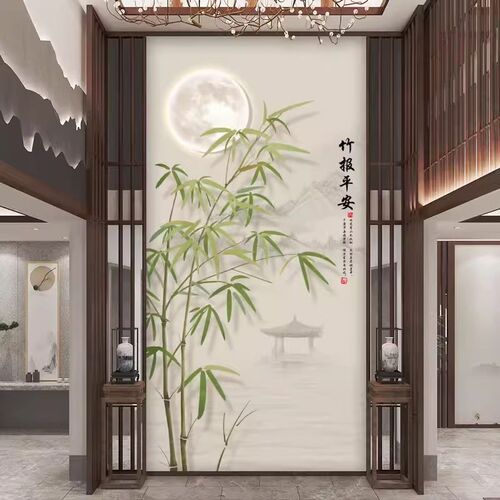 别墅挑高复式楼电视背景墙壁纸中式竹子客L厅挑空玄关壁画墙布壁
