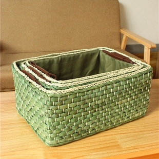 田园零食筐收纳篮藤编 草编桌面杂E物盒玉米皮置物箱化妆品编制框