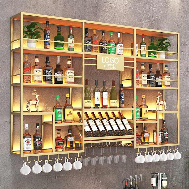 吧台壁挂酒架餐厅靠墙置物架酒吧酒水红酒杯收纳架工业.风铁艺定