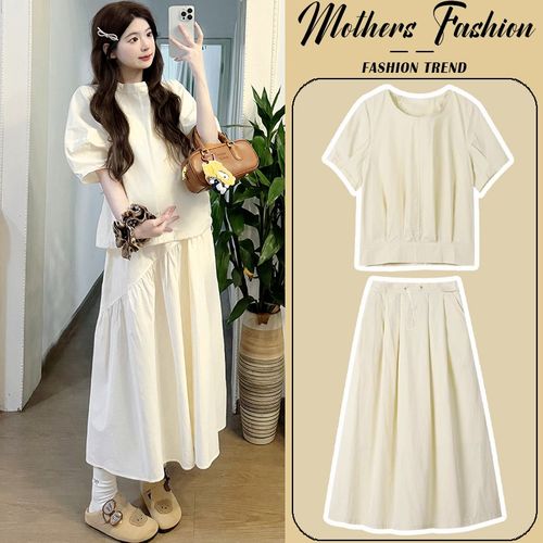 孕妇连衣裙套装夏季2025新款韩版泡泡袖甜美减龄衬衣半身裙两件套