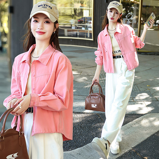 粉色牛仔外套女2025春秋新款小个子韩版宽松休闲百搭短款夹克上衣