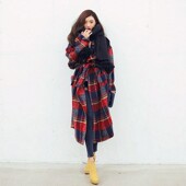 秋冬新款 女英伦学院风超长款 复古格子羊毛呢外套呢大衣宽松加厚冬