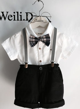 男童周岁礼服套装 小孩子花童摄影演出服儿童白衬衫黑背带裤洋气