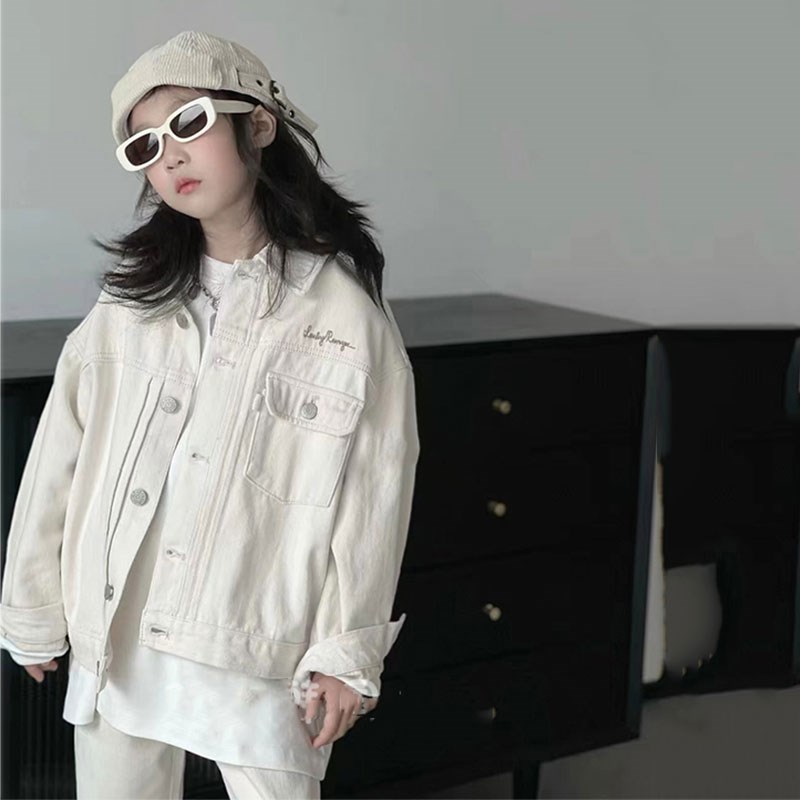 女童白色牛仔外套春装2025新款儿童牛仔夹克大童洋气男童百搭上衣