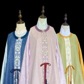 柳黄圆领平纹呢退红钴蓝明制汉服春非古装 福鹿记 铃兰香圆领比甲