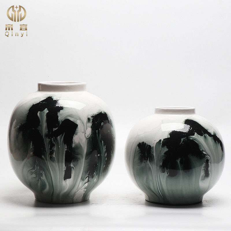 现代新中式创意手绘水墨陶瓷花器摆件家居玄关酒柜样板房间装饰品,家居饰品,装饰摆件,淘宝优惠券,粉丝福利购,淘宝优惠卷