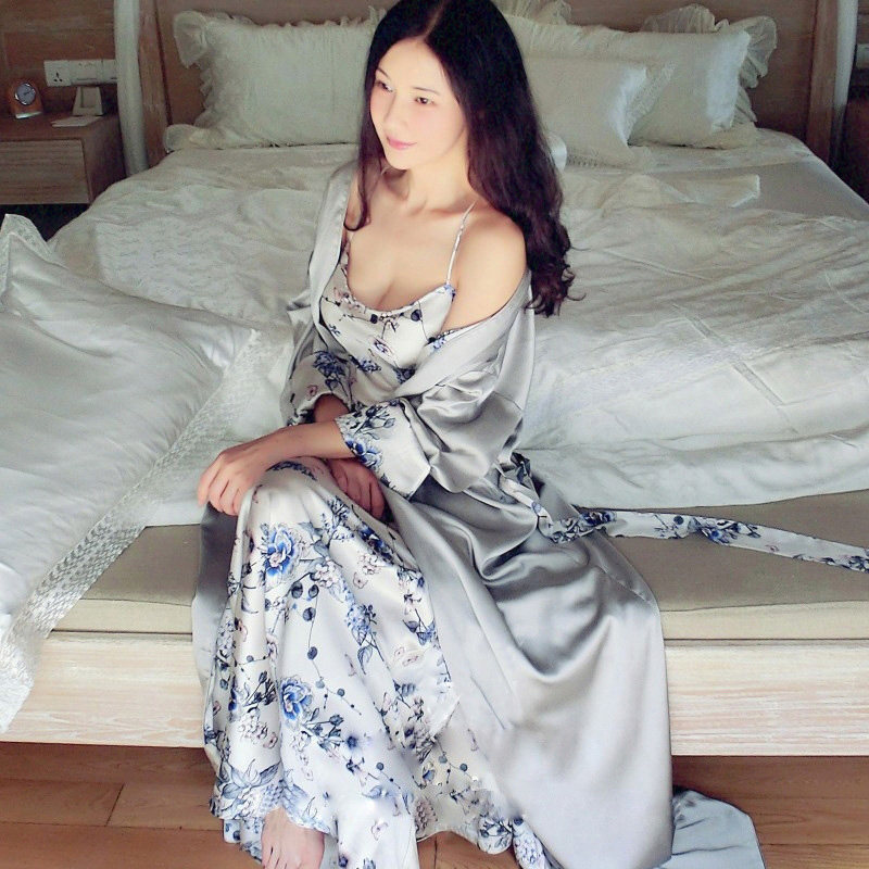 高端定制新款蓝色印花真丝睡袍吊睡袍/浴袍
