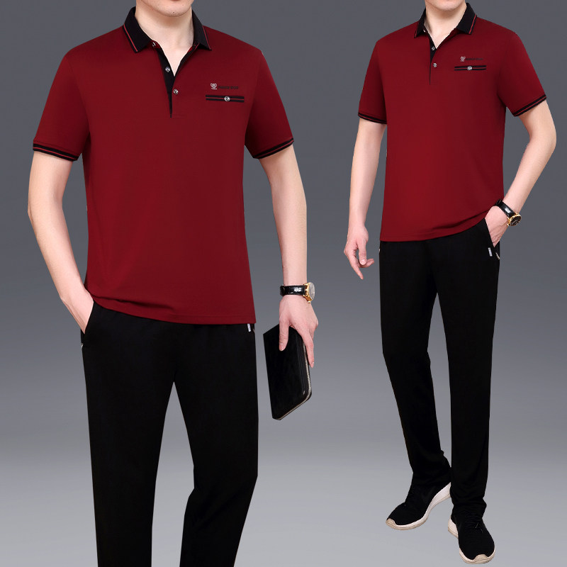 夏天季中老年男士爸爸装短袖长裤加大码商务休闲运动服套装中年男