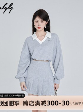 V领灰色短款卫衣女薄款春秋2023新款爆款小个子显瘦抽绳休闲上衣