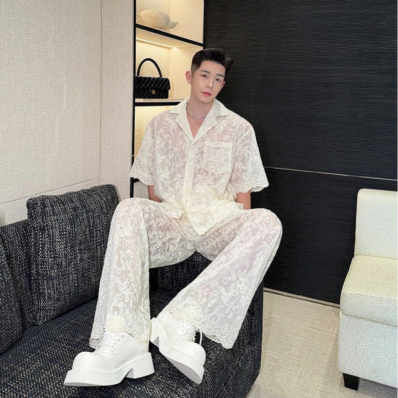 夏季高级感蕾丝花边微透短袖衬衫套装男设计感阔腿长裤气质两件套,男装,时尚套装,淘宝优惠券,粉丝福利购,淘宝优惠卷