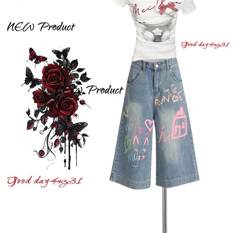 大码美式复古涂鸦牛仔七分裤女夏季新款高街阔腿宽松显瘦直筒中裤