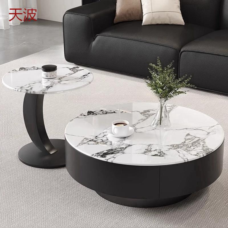 Kka现代意式简约黑色茶几小户型客厅家用轻奢高级茶桌圆形岩板组