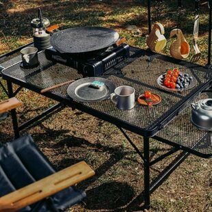 户外露营野餐网格便携可折叠双耳桌子暗黑BC铁艺餐桌可升降铁网桌