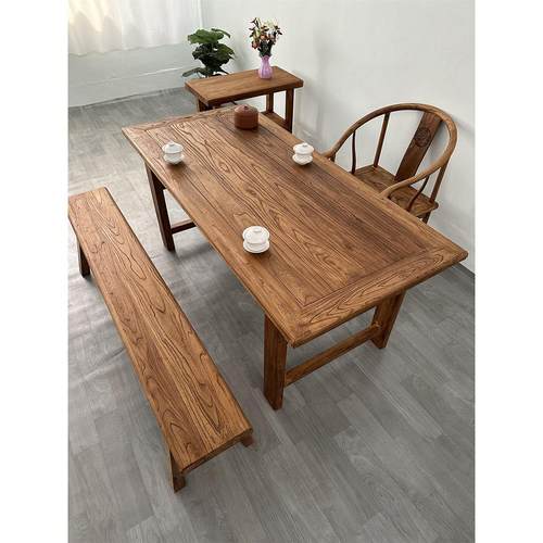 老榆木茶桌覆古禅意木桌家用民宿餐桌简约中式茶台风化门板实木桌