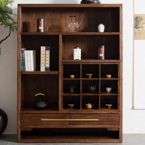 新中式博古架实木书柜展示柜榆木多宝阁收纳柜茶室茶柜茶具置物架