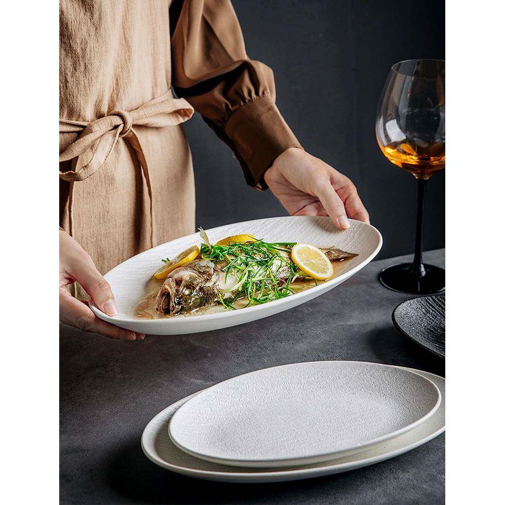 陶瓷简约鱼盘高级感家用蒸鱼EPA盘盘烤大鱼号装鱼盘石椭纹菜盘圆