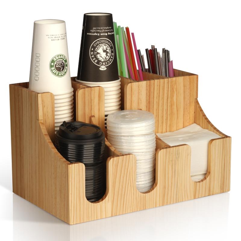 架木质杯架餐巾纸盖吸管收纳架木7007免打孔七杯格纸杯子置物架咖