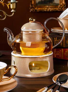 美道欧式19425壶下午茶茶具装客骨厅家用玻璃花茶蜡套烛加热瓷花
