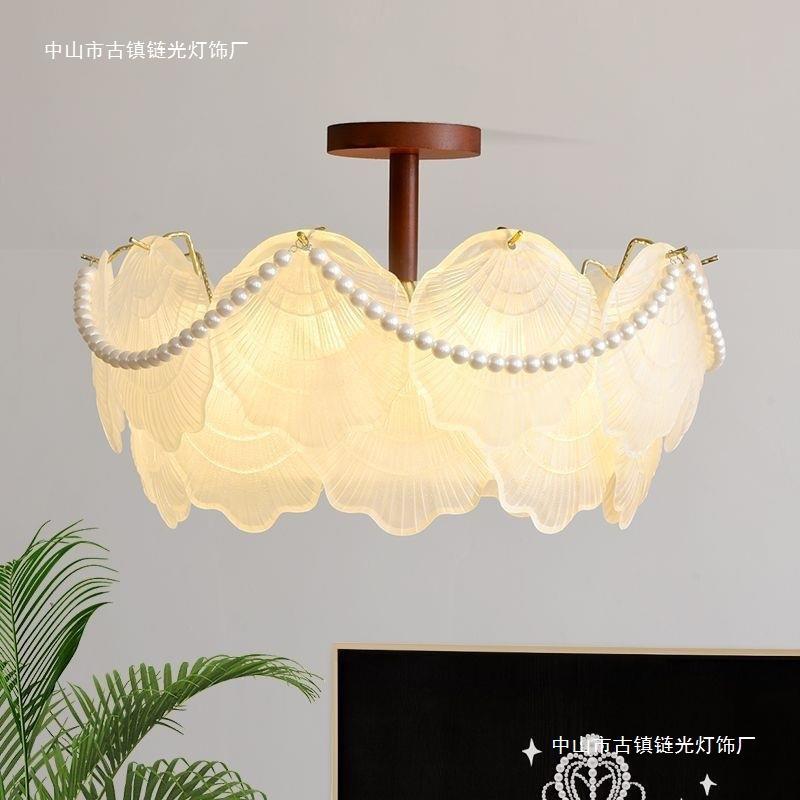 法式中古风卧室吸顶灯复古胡桃木纹轻奢贝壳珍珠书房灯主卧武之玮