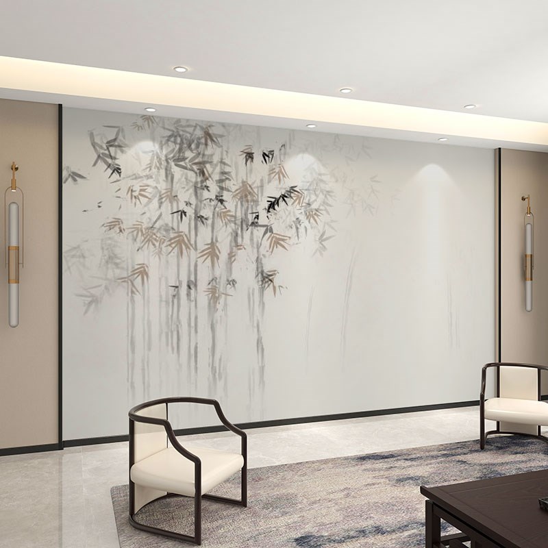 中式古典淡雅墙纸水墨竹子月亮客厅背景墙布壁布书房卧室茶室壁画