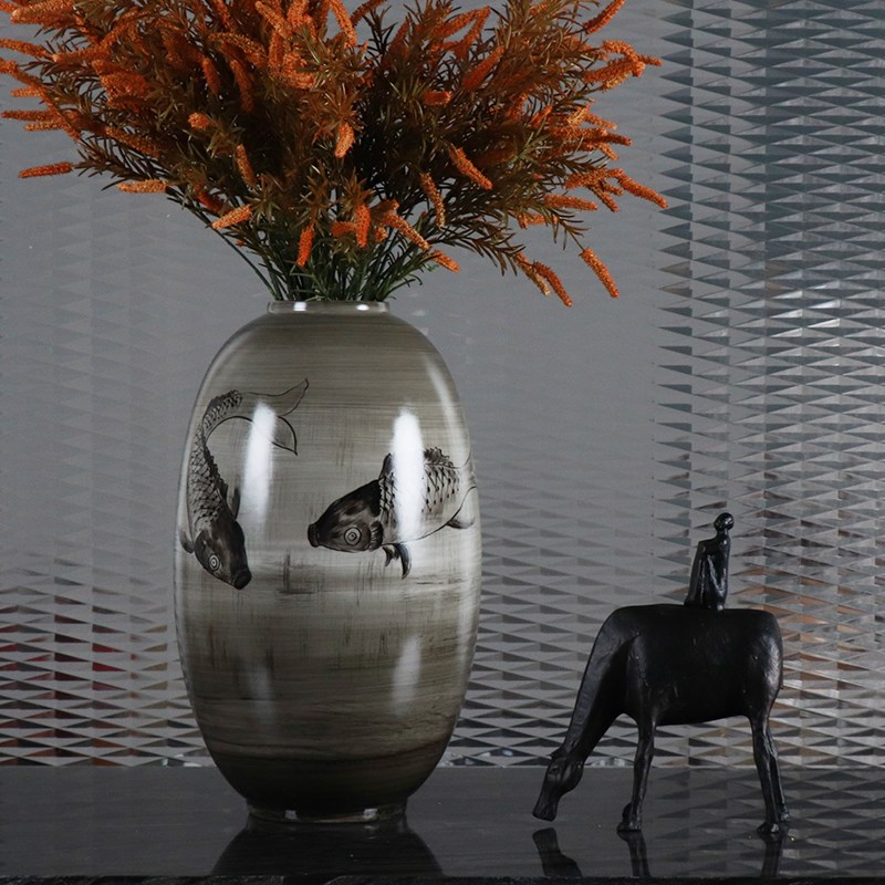 新中式复古手绘鲤鱼陶瓷花瓶样板房书房售楼处干花花器艺术品摆件