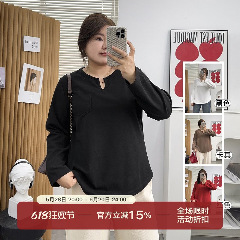 大码女装2024秋冬新款U领长袖T恤胖mm遮肚显瘦宽松打底衫德绒上衣