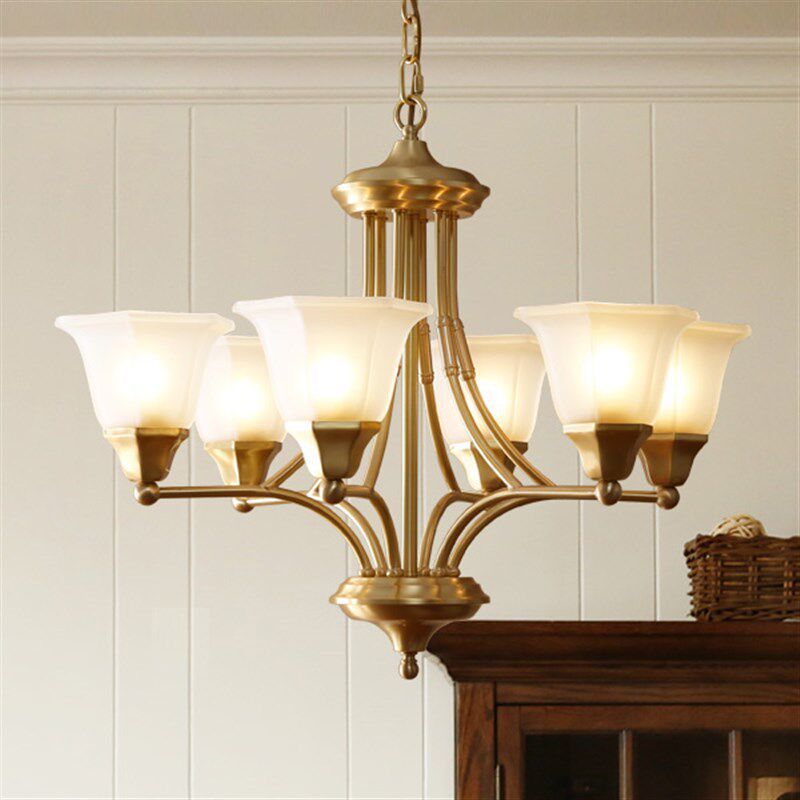 美式乡村简约客厅餐厅书房卧室8头玻璃灯罩灯具全铜吊灯