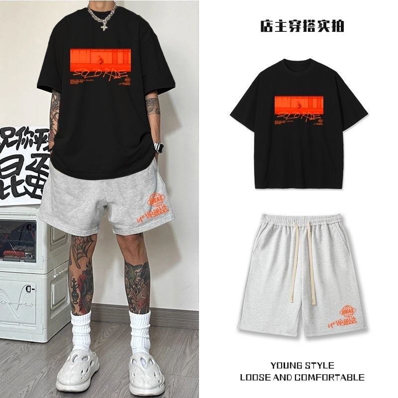 伊泽出品夏季重磅纯棉运动男T恤宽松两件套美式套装短袖短裤情侣,男装,休闲运动套装,淘宝优惠券,粉丝福利购,淘宝优惠卷