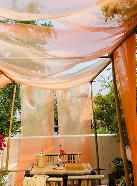 橙绿色纱幔新中式环创背景网纱布料婚礼影楼场景布置国风扎染挂布