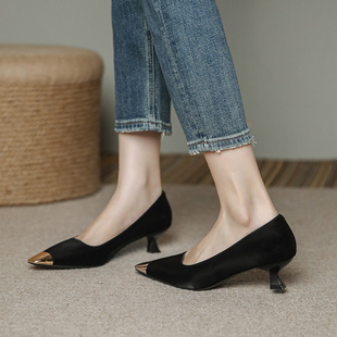 黑色小跟猫跟气质软皮高级单鞋高跟鞋女2023新款秋款三公分不累脚