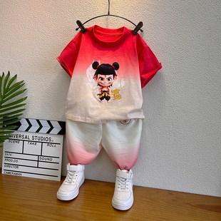 男孩酷帅夏装 哪吒衣服男女童夏季 儿童短袖 亮灯纯棉t恤防蚊裤 套装